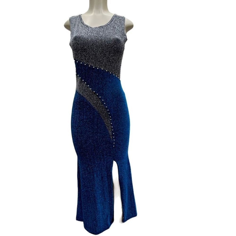 Lemon Fashionl Dress Women’s Small Bodycon Embellished Cocktail Midi Silver Blue